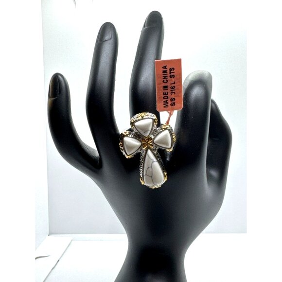 White Howlite Cross Ring Stainless Steel 316L Silver Gold Two Tone Statement - Picture 8 of 11
